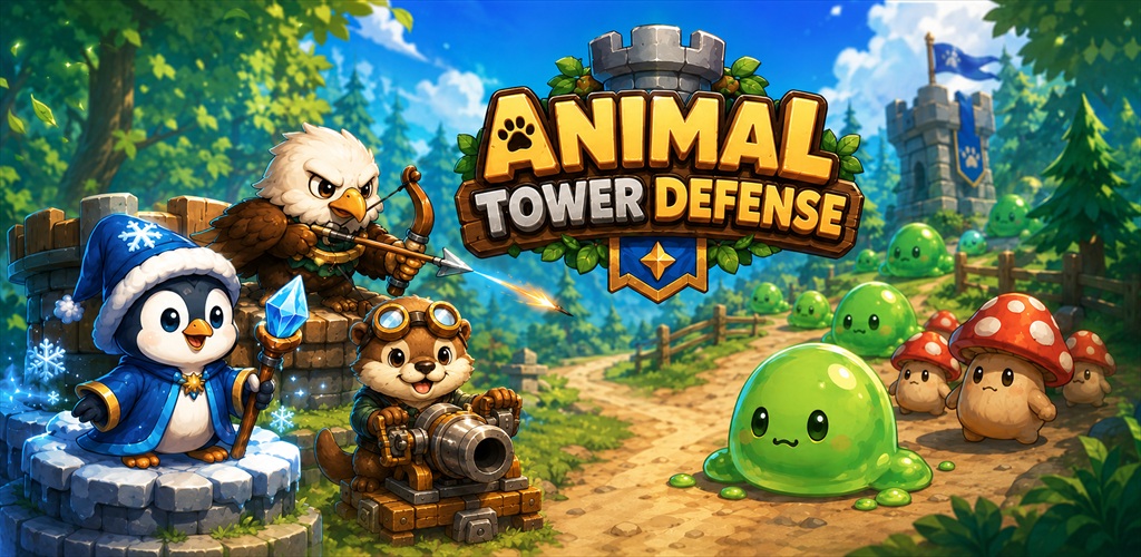 Animal Tower Defense banner with animal heroes defending the forest