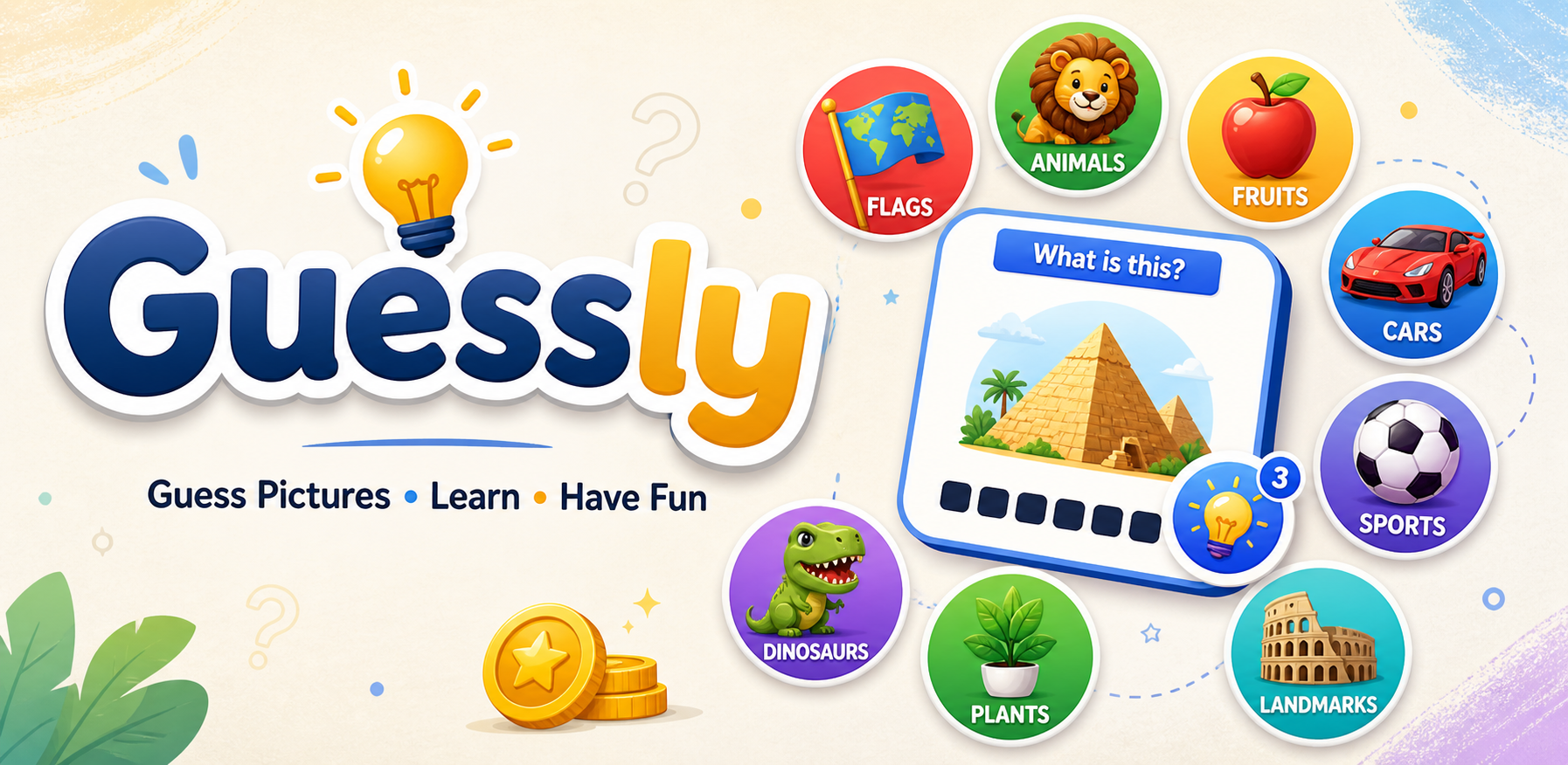 Guessly game banner with categories and picture guessing gameplay